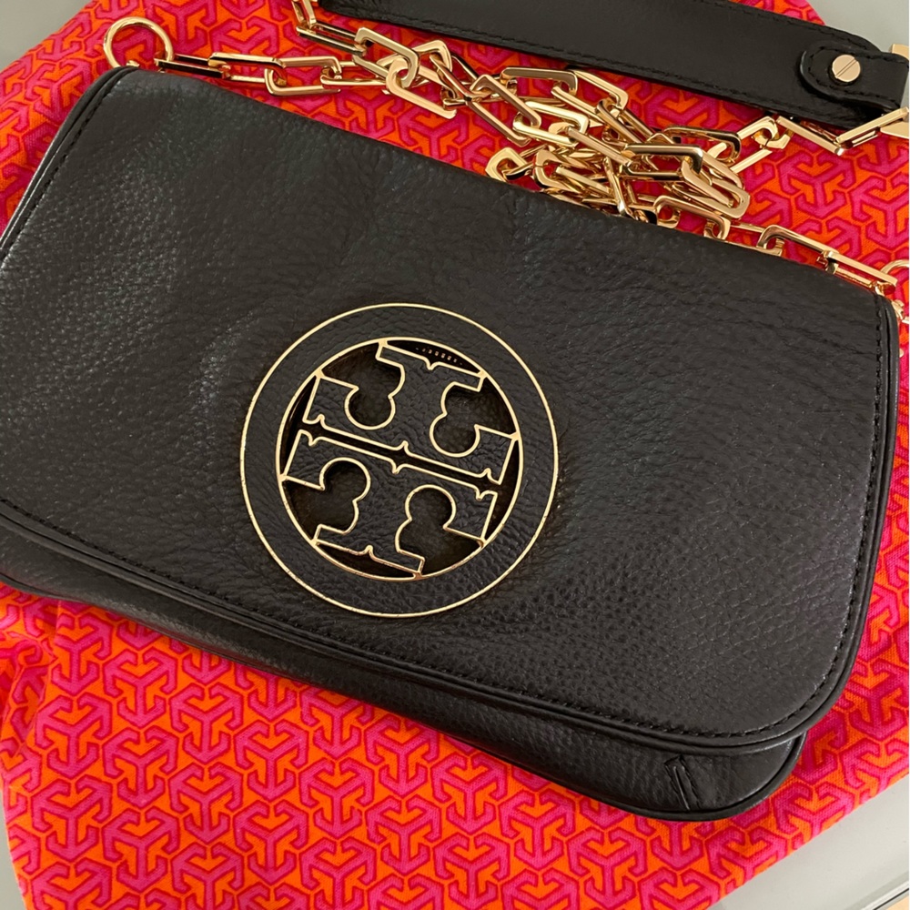 Tory Butch Black 'Amanda' Logo Flap Clutch / Shoulder Leather Bag